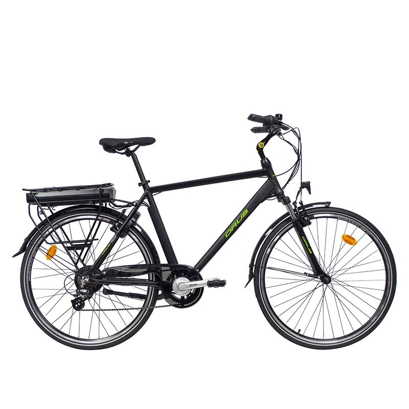 Orus Randonnee elektrische trekkingfiets in zwart, volledig zijaanzicht