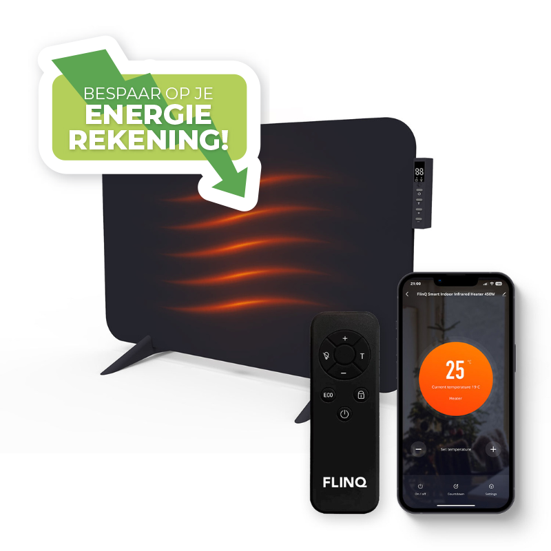 Zwarte FlinQ Smart Indoor Infrarood Heater 450W met rode warmtegolven, inclusief afstandsbediening en smartphone-app die 25 graden temperatuurinstelling toont.