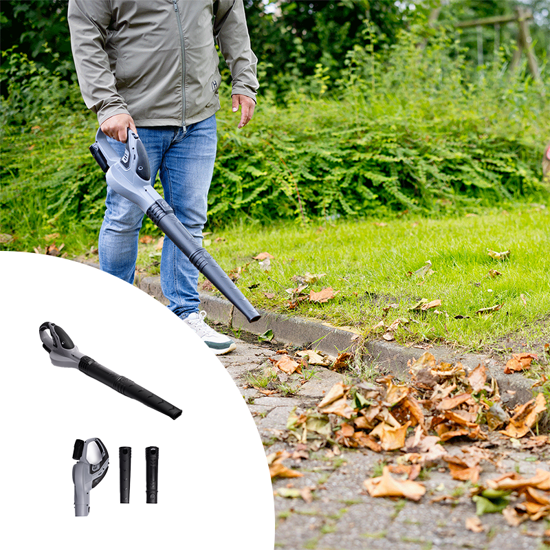 QLT Bladblazer in actie en met details van het product.