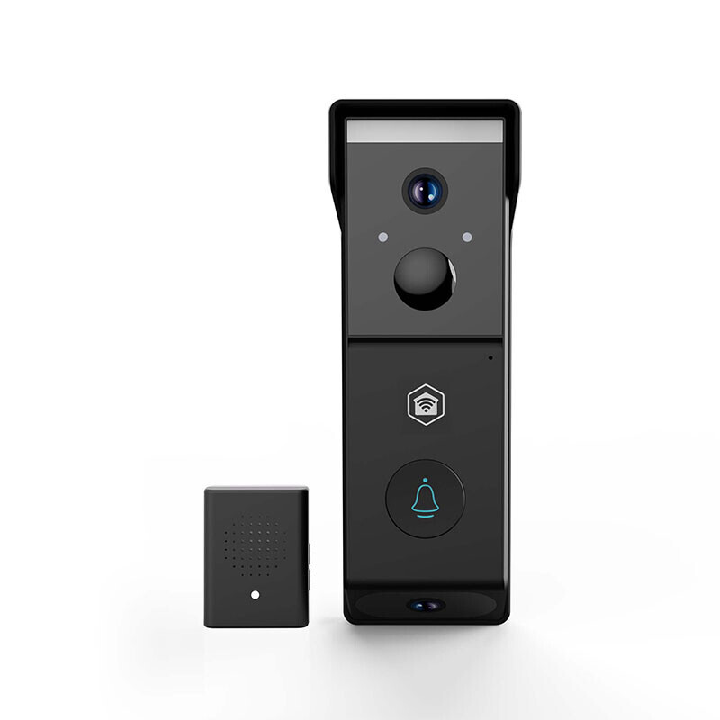 Nedis SmartLife Wi-Fi Video Deurbel met Dual Lens en meegeleverde USB-bel op witte achtergrond.
