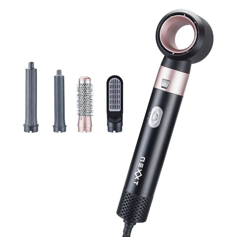 Multifunctionele airstyler met opzetstukken zoals krulstaven en borstel voor verschillende haarstijlen.