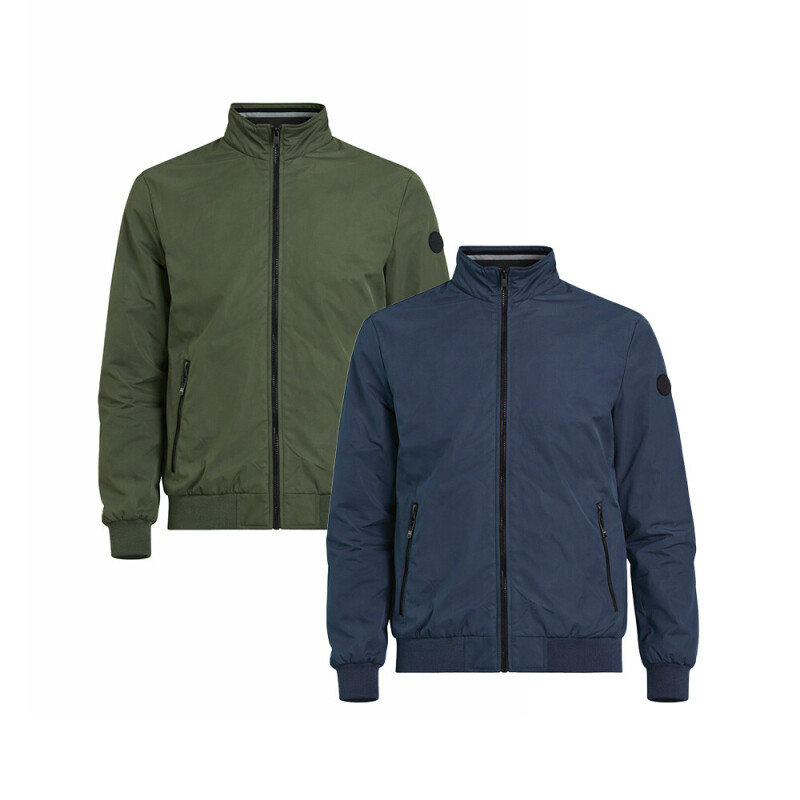 Twee kleuren heren tussenjas, donkergroen en marineblauw, met moderne pasvorm.