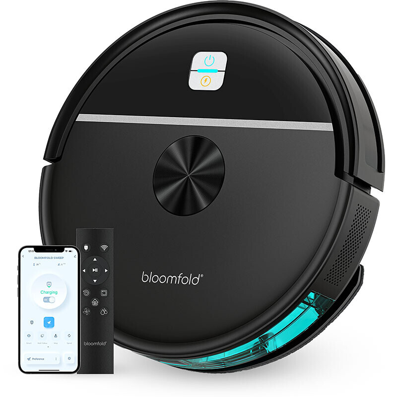 Bloomfold robotstofzuiger met app en afstandsbediening in zwart design.
