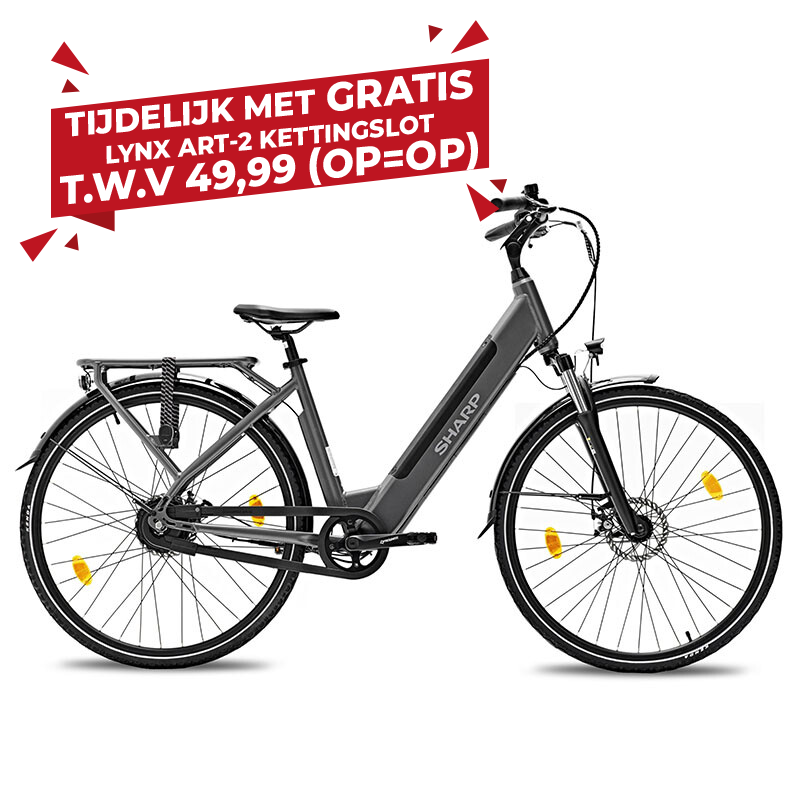 Volledig zijaanzicht van de donkergrijze Sharp BK-ED06-EB elektrische fiets met lage instap.