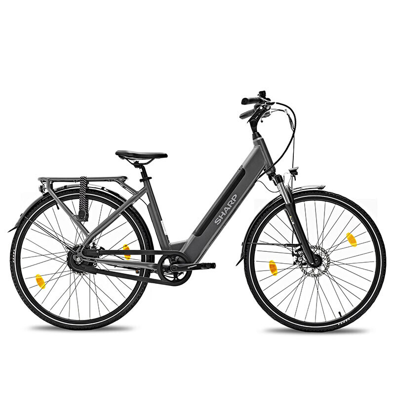 Volledig zijaanzicht van de donkergrijze Sharp BK-ED06-EB elektrische fiets met lage instap.