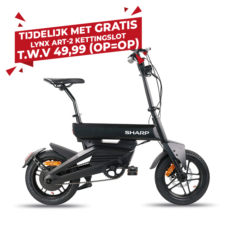 Sharp elektrische vouwfiets zwart vrijstaand op witte achtergrond volledig zichtbaar.