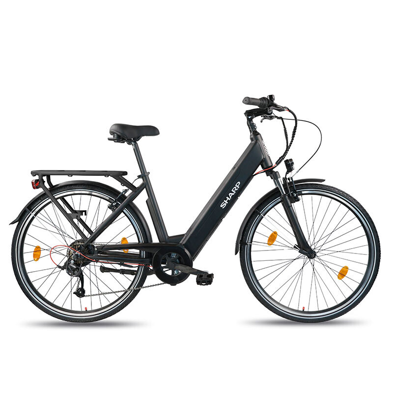 Sharp BK-ED04-EB elektrische fiets in zijaanzicht met stevige bagagedrager en spatborden.
