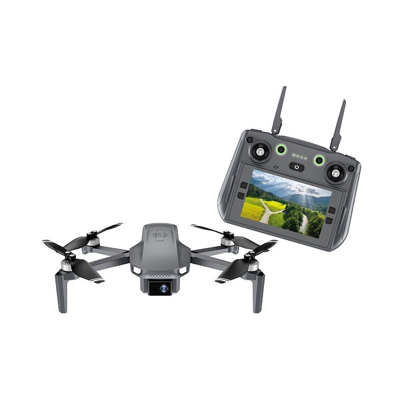Drone en controller met schermweergave van natuurbeeld op lichte achtergrond