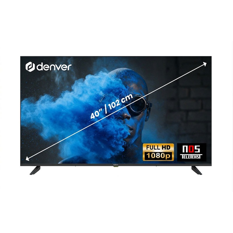 Vooraanzicht van de zwarte Denver LED-4085 40 inch televisie met helder kleurrijk beeld.