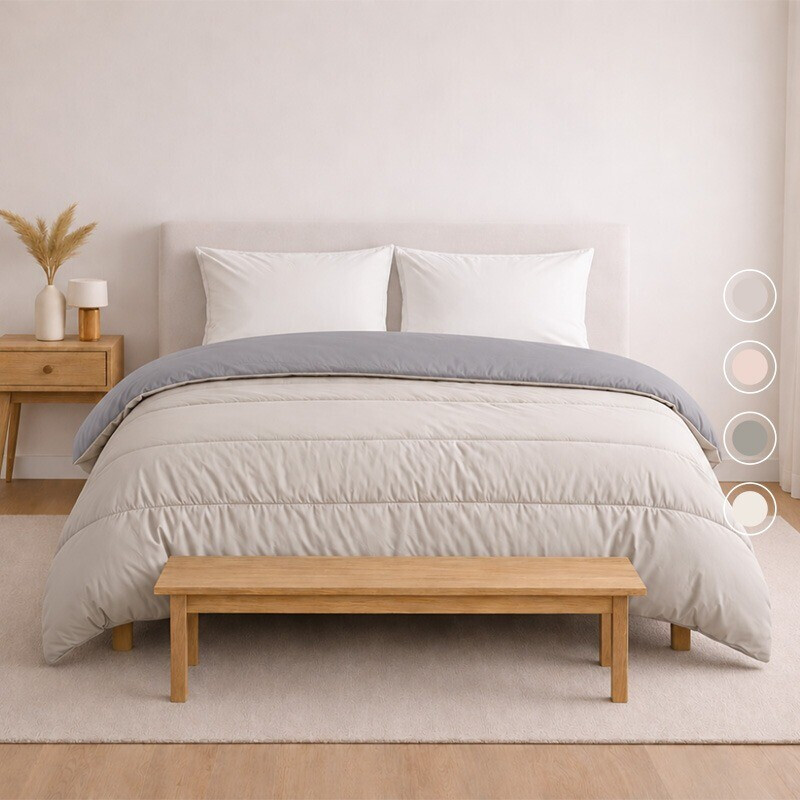 SnoozyBed Wasbaar All Year Dekbed Earth & Mist sfeerbeeld met kleurbolletjes