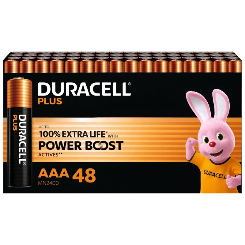 Voordeelverpakking met 48 Duracell Plus AAA-batterijen voorzien van POWER BOOST-technologie voor extra lange prestaties.