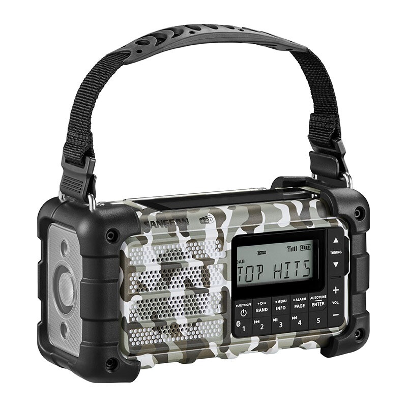 Sangean Survivor MMR-99DAB Arctic Camo noodradio met DAB+, Bluetooth en draagriem.