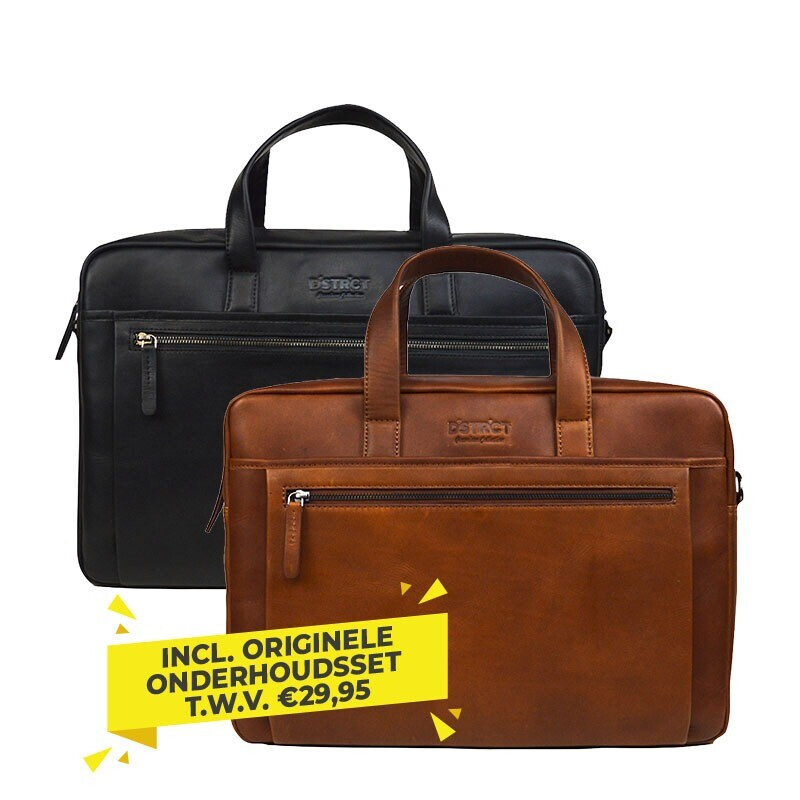DSTRCT Premium Collection leren laptoptassen in zwart en cognac inclusief gratis onderhoudsset.