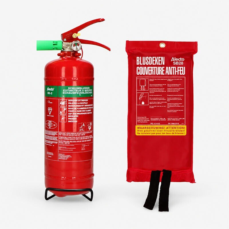 Alecto brandveiligheidsset met 2 liter schuimblusser en SB28 blusdeken.
