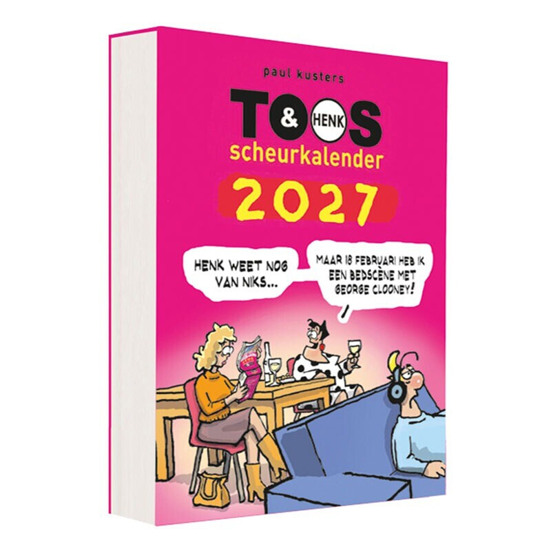 Toos & Henk Scheurkalender 2027 schuin afgebeeld met roze omslag
