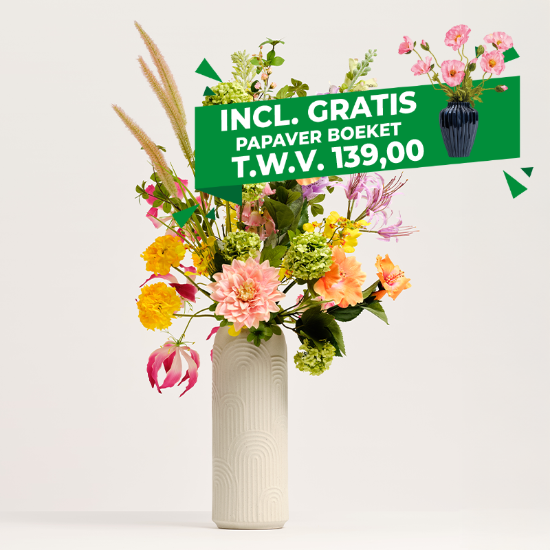 Blooming Good Zijden Kunstboeket SS.22 in witte designvaas met kleurrijke zijden bloemen