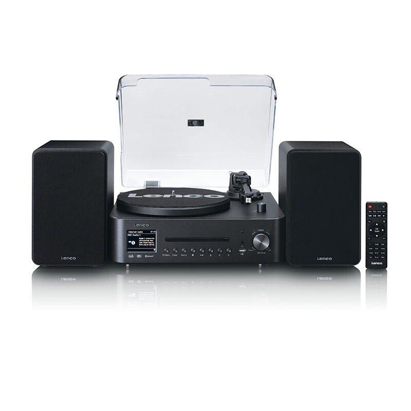 Lenco MC-760BK platenspeler met twee luidsprekers en afstandsbediening, vooraanzicht.