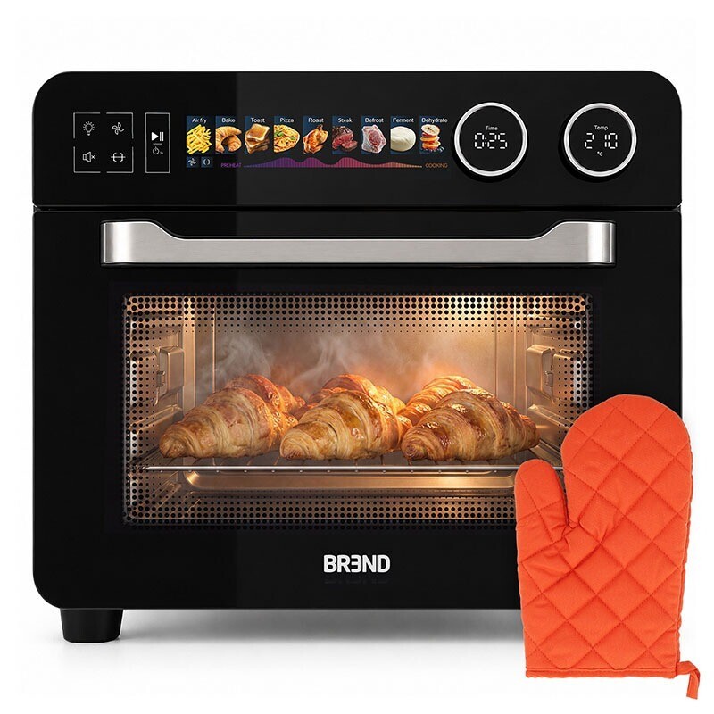 BREND BR-2234 Airfryer Oven met croissants en meegeleverde ovenhandschoen.
