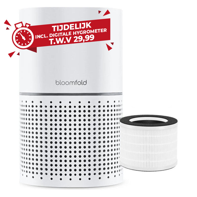 Witte Bloomfold luchtreiniger Aura met vervangbaar HEPA-filter en bediening via smartphone-app. Tijdelijk met gratis digitale hygrometer. 