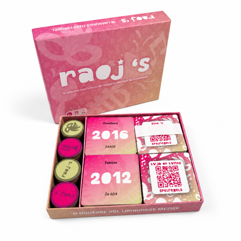De doos en inhoud van Raoj's 'n Limburgs Fieëstspuuël. 