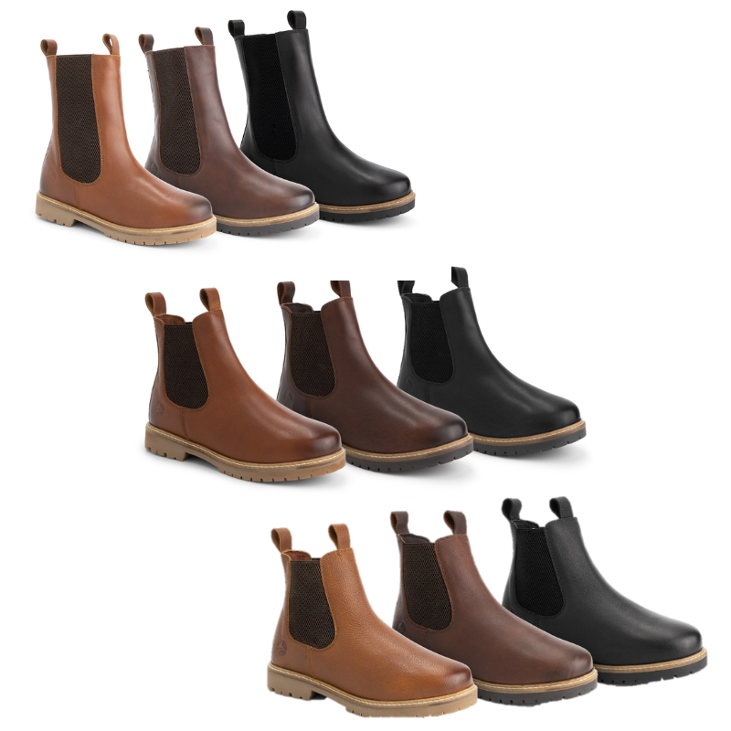 Alle 3 modellen van de Travelin' Dames Chealsea Laarzen staan onder elkaar afgebeeld in de kleuren cognac, zwart en bruin.