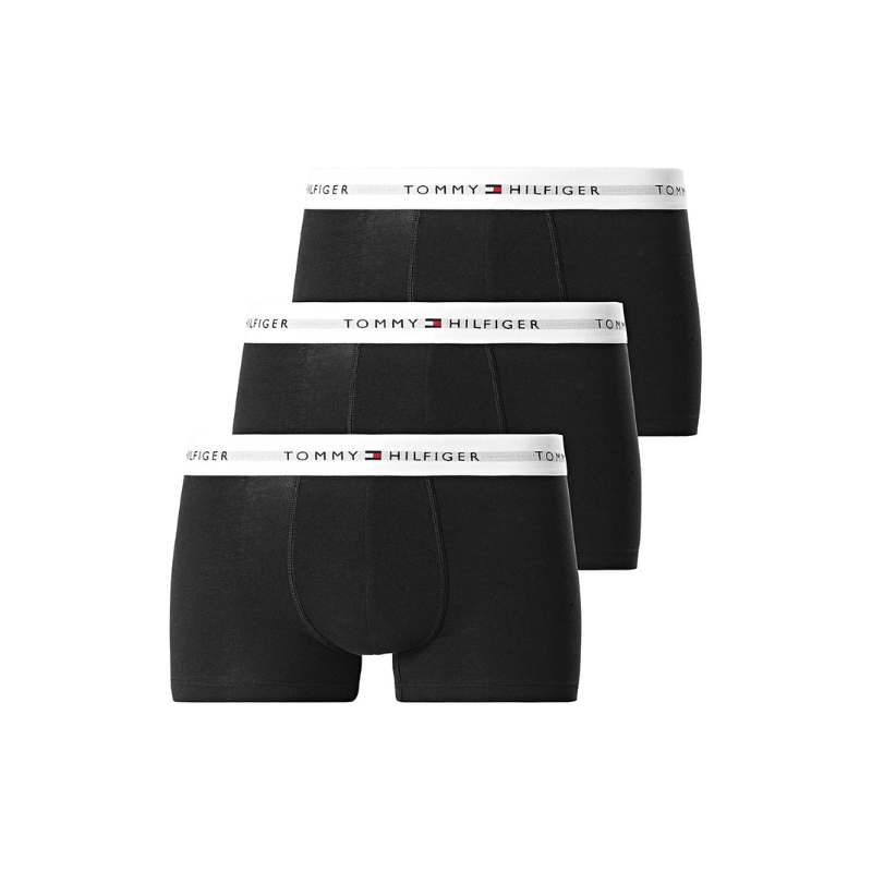Tommy Hilfiger Signature Essential 3-pack boxershorts in zwart met witte elastische tailleband en logo, vooraanzicht set van drie.