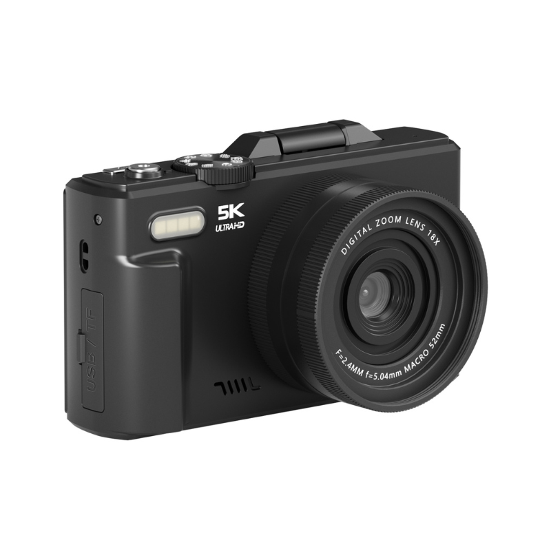 Compacte zwarte digitale camera met 5K Ultra HD opname en 18x digitale zoom