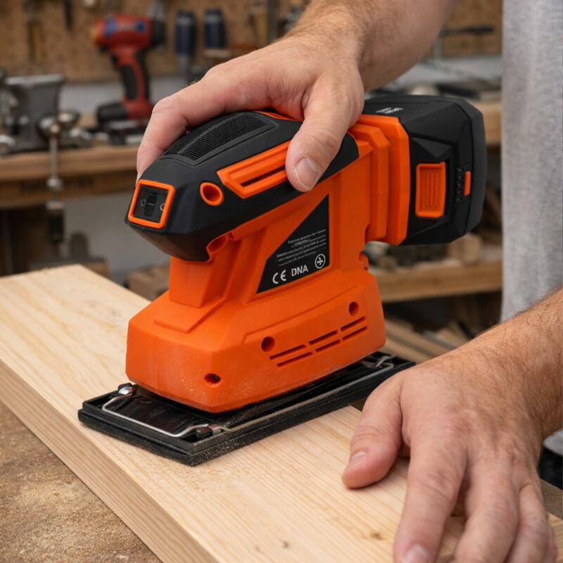 FlinQ 3-in-1 schuurmachine in gebruik op houten plank met rechthoekige schuurzool voor vlakke oppervlakken.