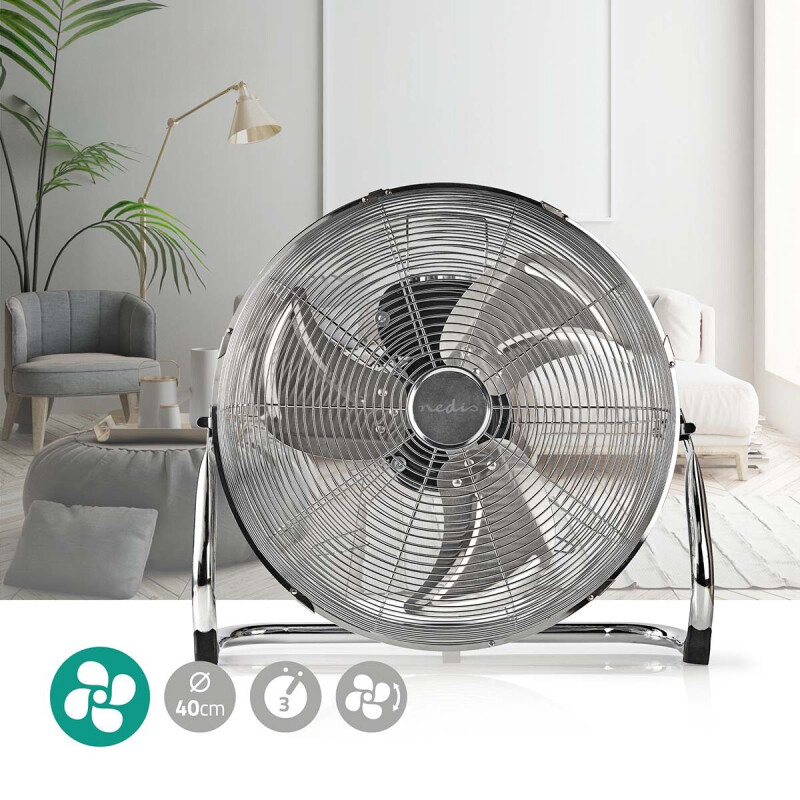 Nedis Retro vloerventilator van 40 cm in een moderne woonkamer met stijlvolle chromen afwerking.