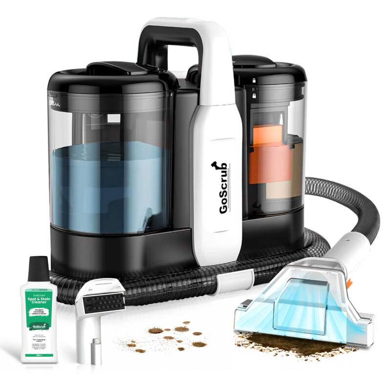 GoScrub® vlekkenreiniger met schoonmaakmiddel en opzetstukken op witte achtergrond.
