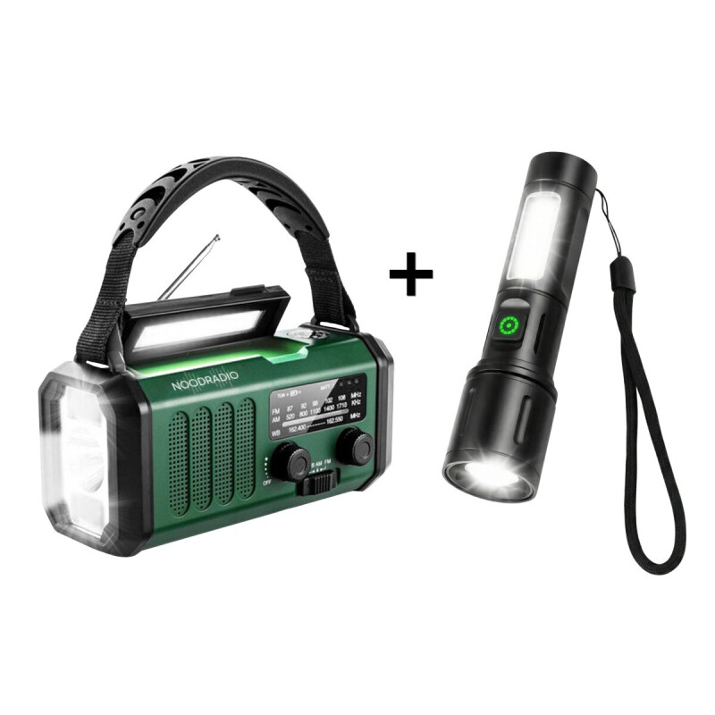 Groene Noodradio® 10.000 mAh inclusief multifunctionele Tactical Zoom zaklamp met krachtige LED-verlichting en SOS-functie.