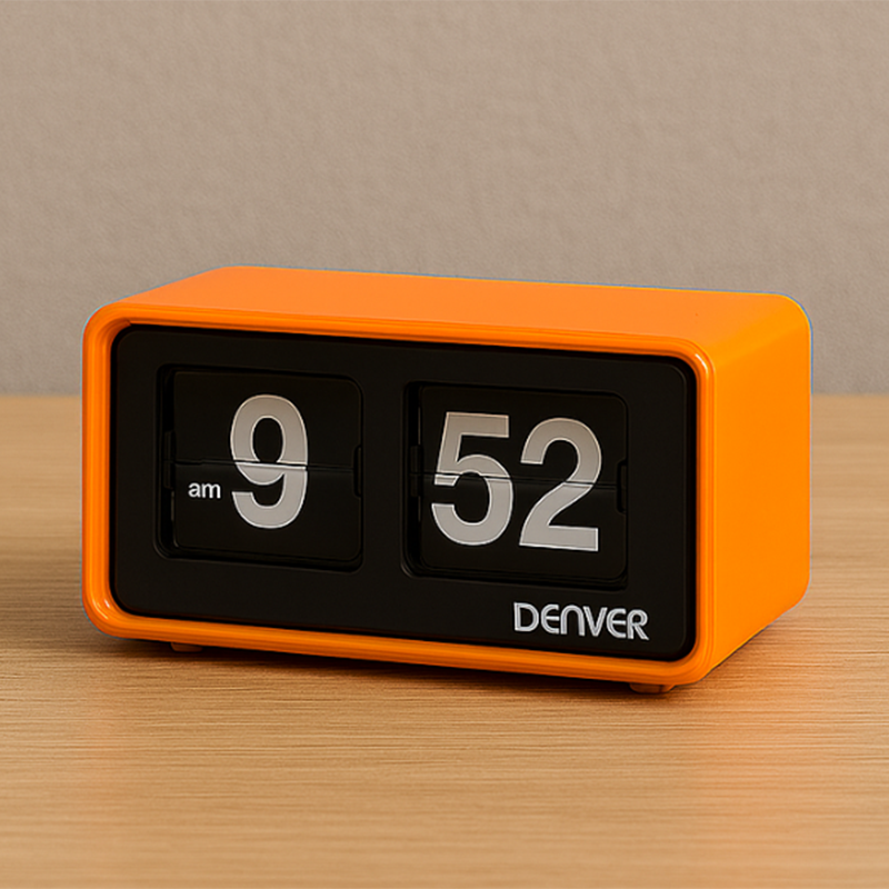 Oranje Denver CR-425 retro wekkerradio met flipklok en duidelijk display.