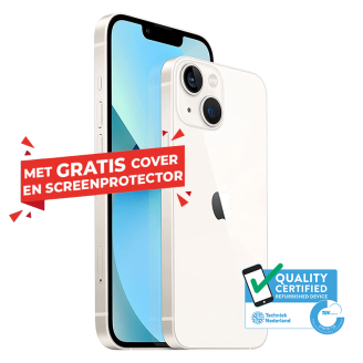 Refurbished iPhone 13 in wit inclusief gratis cover, screenprotector en Keurmerk Refurbished.