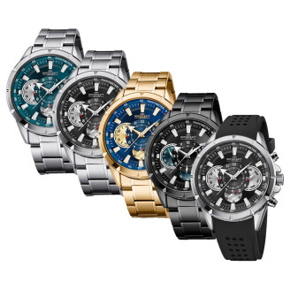 Groepsfoto van vijf Rotorcraft Savage horloges in verschillende uitvoeringen: zilverkleurig met blauwe wijzerplaat, zilverkleurig met zwarte wijzerplaat, goudkleurig met blauwe wijzerplaat, zwart met blauw-zwarte wijzerplaat en zilverkleurig model met zwa