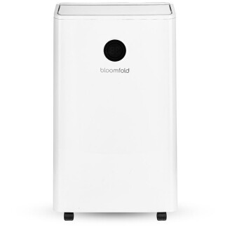 Frontale productfoto van de witte Bloomfold luchtontvochtiger met digitaal display.