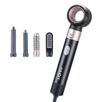 Multifunctionele airstyler met opzetstukken zoals krulstaven en borstel voor verschillende haarstijlen.
