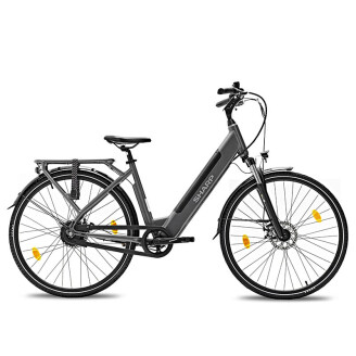 Volledig zijaanzicht van de donkergrijze Sharp BK-ED06-EB elektrische fiets met lage instap.