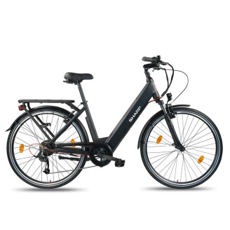 Sharp BK-ED04-EB elektrische fiets in zijaanzicht met stevige bagagedrager en spatborden.
