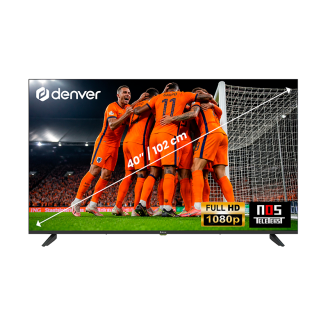 Vooraanzicht van de zwarte Denver LED-4085 40 inch televisie met helder kleurrijk beeld.