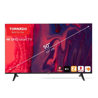 Tornado 50 inch frameless 4K UHD smart tv met paars en rood abstract schermdesign.