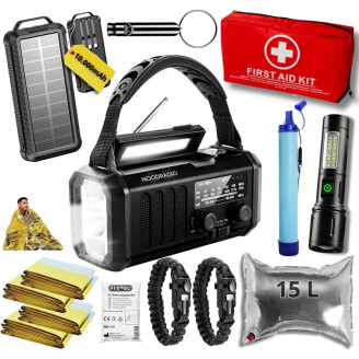 Noodradio® XL noodpakket zwart met noodradio, waterfilter, nooddekens, EHBO-set en solar powerbank