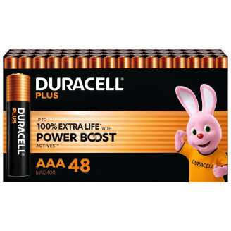 Voordeelverpakking met 48 Duracell Plus AAA-batterijen voorzien van POWER BOOST-technologie voor extra lange prestaties.