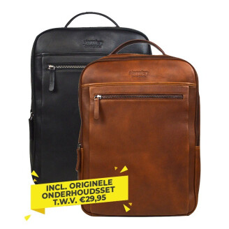 DSTRCT Premium Collection leren rugtas in zwart en cognac inclusief originele onderhoudsset t.w.v. €29,95.