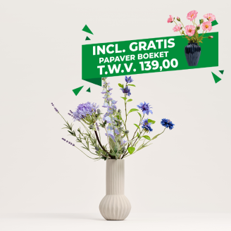 Blooming Good Zijden Kunstboeket Gift.02 in witte designvaas met levensechte blauwe en paarse kunstbloemen