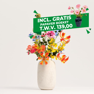 Blooming Good Zijden Kunstboeket Gift.02 in beige vaas met gratis papaverboeket en kleurrijke zijden bloemen.
