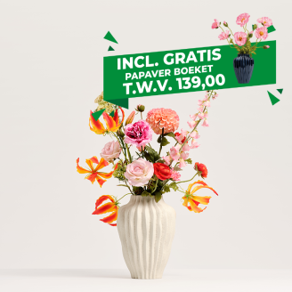 Blooming Good Zijden Kunstboeket SS.12 met kleurrijke zijden bloemen in witte designvaas