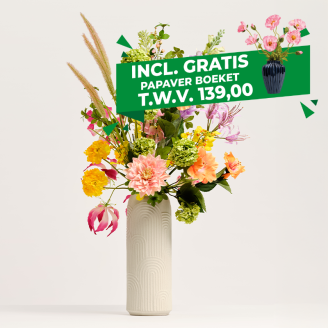 Blooming Good Zijden Kunstboeket SS.22 in witte designvaas met kleurrijke zijden bloemen