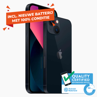 Apple iPhone 13 in donkerblauw, schuin zijaanzicht met voor- en achterzijde