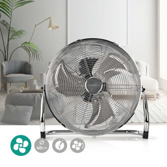 Nedis Retro vloerventilator van 40 cm in een moderne woonkamer met stijlvolle chromen afwerking.