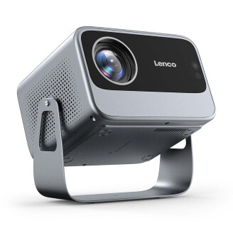 Schuine onderaanzicht van de Lenco projector met metalen standaard en lensdetail